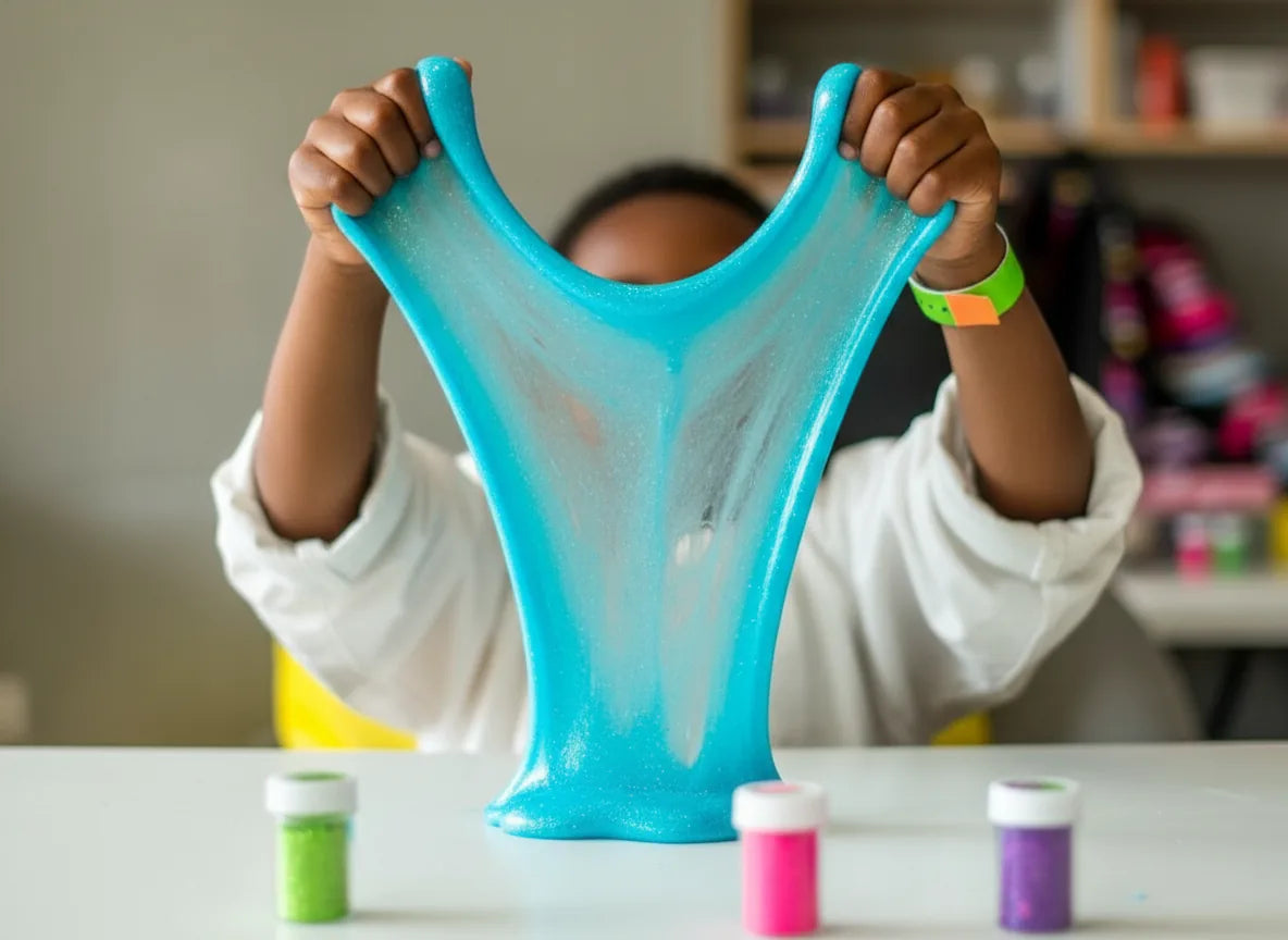 Child stretching cyan slime