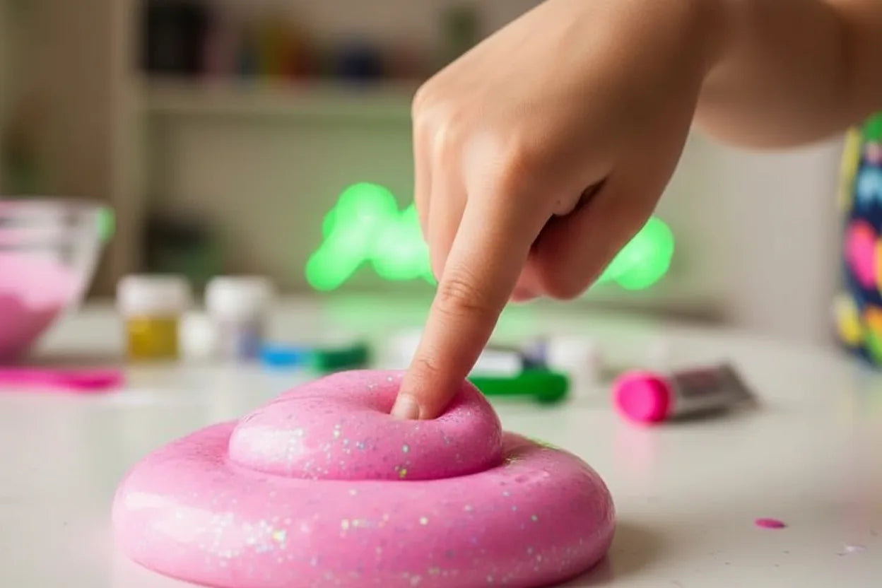 Finger poking sparkly pink slime
