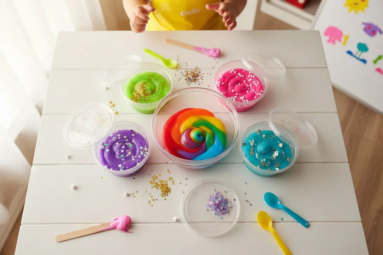 Colourful slime containers flat-lay